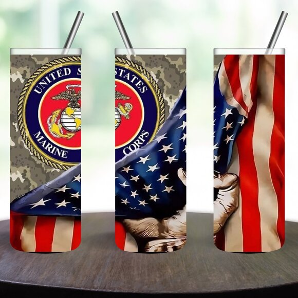 Stainless Steel US Marine Corp 20oz Skinny Tumbler - Picture 1 of 5